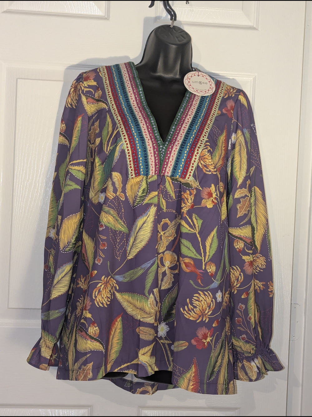 Umgee Purple Floral Tunic with Multicolor Embroidered V-Neck